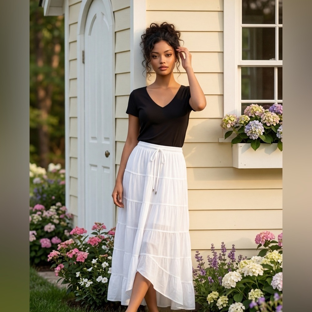 Indigo Rose Women’s Large White Tiered Maxi Skirt Relaxed Resort Style Boho NWT